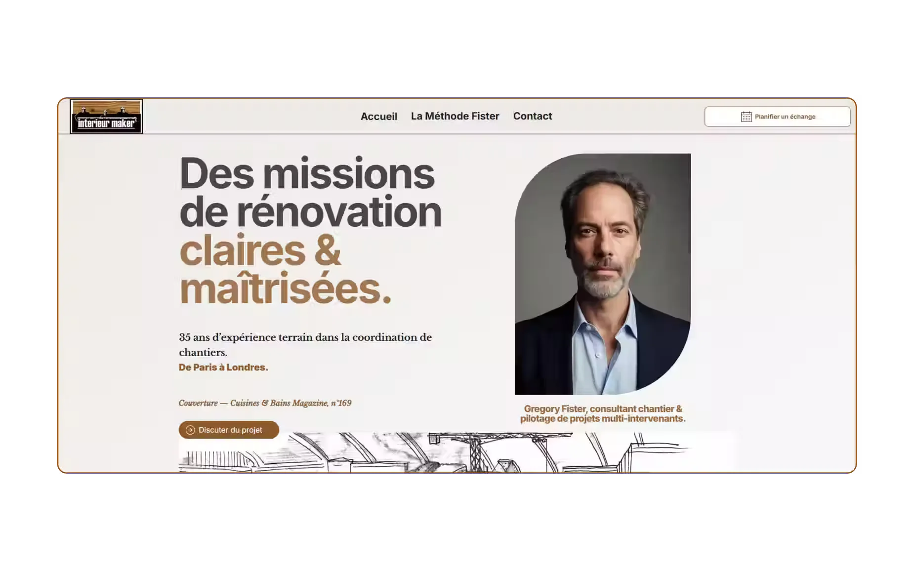 Le nouveau site de Gregory Fister, clair, avec un positionnement de consultant chantier annoncé dès le hero