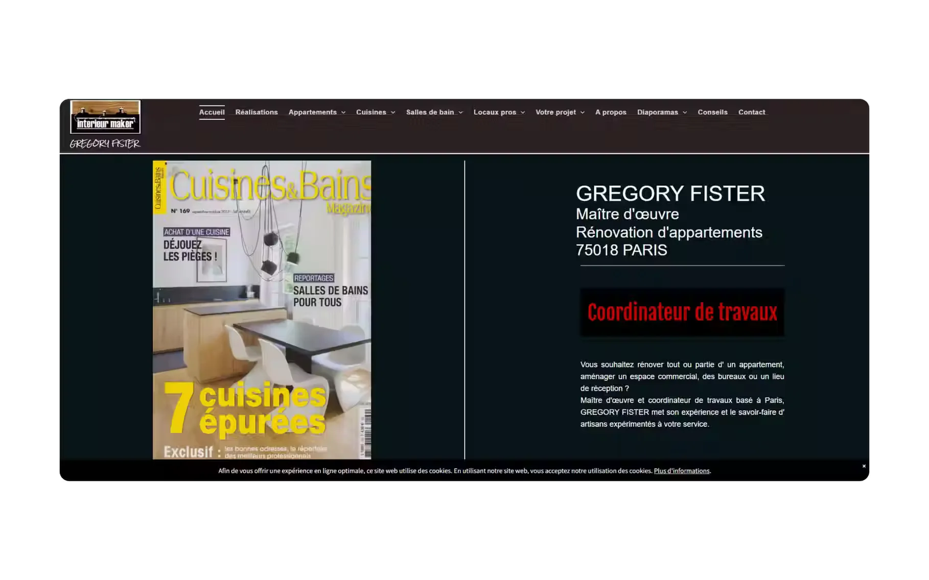 L’ancien site de Gregory Fister, sombre et chargé, avec une navigation à onze entrées