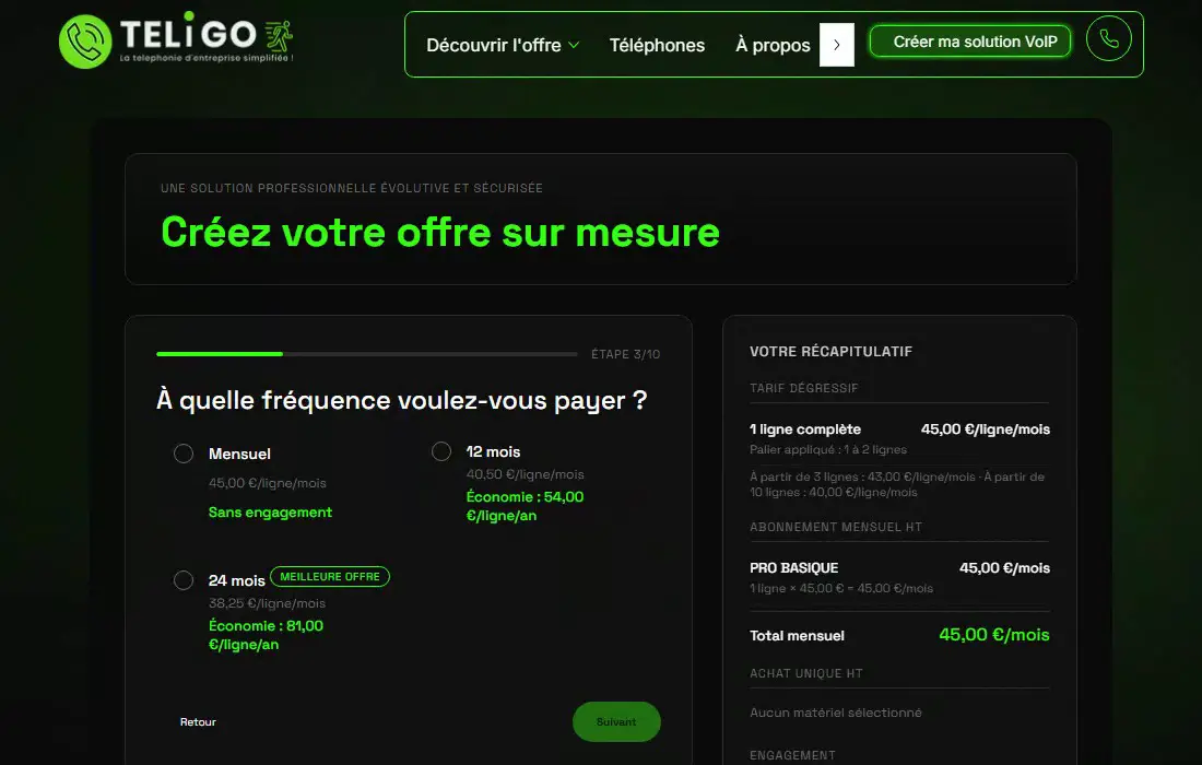 Un configurateur d'offre télécom en cours d'utilisation, avec le récapitulatif qui se recalcule à chaque choix