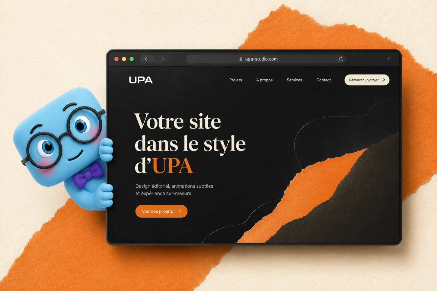 Pixelius, la mascotte d'Un Pixel d'Avance, à côté d'un site affiché dans un navigateur