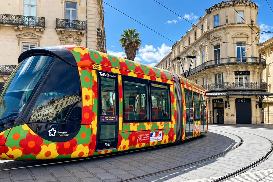 Un tramway de Montpellier à la livrée fleurie, devant le Grand Hôtel du Midi